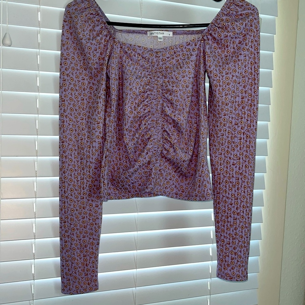 Purple with beige flowers, long sleeve square neck shirt